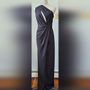 HALSTON one-shoulder twist draped black gown faux wraped stretch sz 6